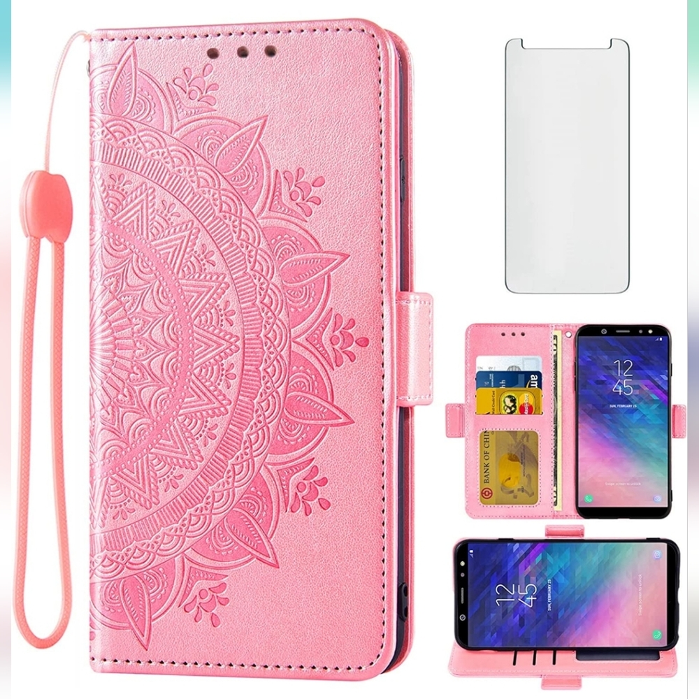 Samsung Galaxy A6 Wallet Case and Tempered Glass Screen Protector